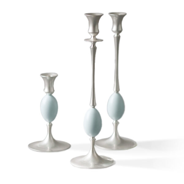 E.R. Butler Biedermeier Candlesticks Satin Silver with Robin's Egg Blue Egg E.R. Butler Biedermeier Candlesticks Satin Silver with Robin's Egg Blue Egg
