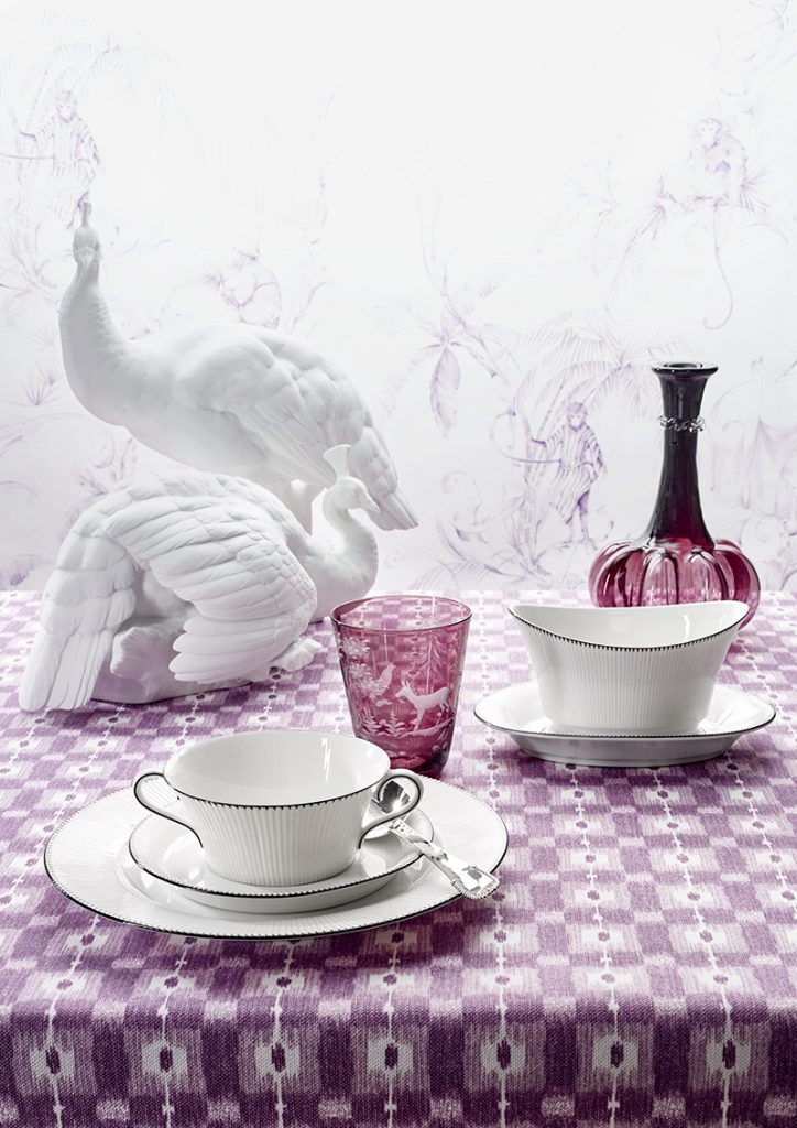 AdonisBlackMood Nymphenburg Adonis Dinnerware with Black Rim on table with purple tablecloth