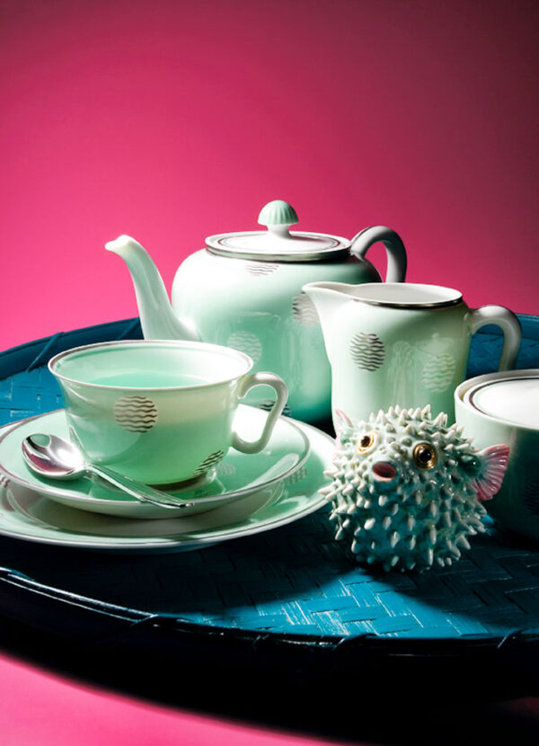 Nymphenburg Porcelain Hedgehog Fish Green With Tea Set