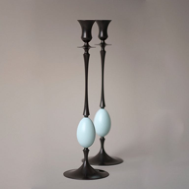 E.R. Butler Biedermeier Candlesticks Oxidized Bronze with Robin's Egg Blue Egg at Kneen & Co