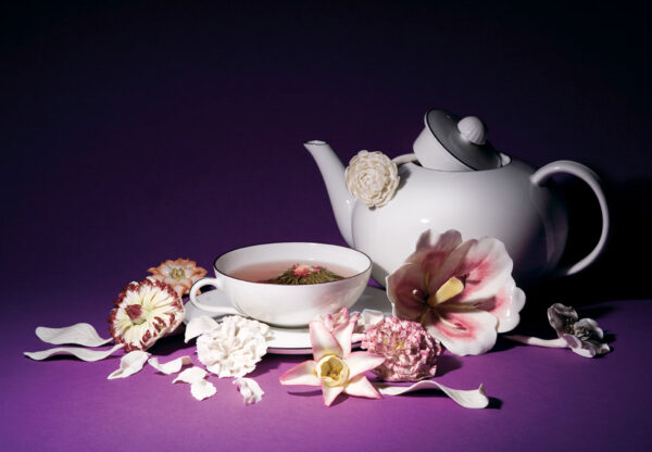 Painted Table Flowers with Teapot and Tea Cup