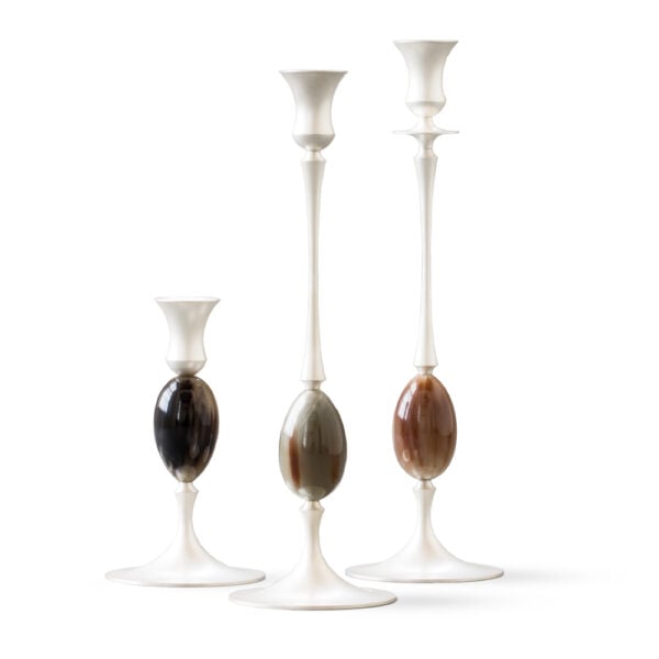 E.R. Butler Satin Silver Candlesticks With Blonde Ox Horn Egg E.R. Butler Satin Silver Candlesticks With Blonde Ox Horn Egg