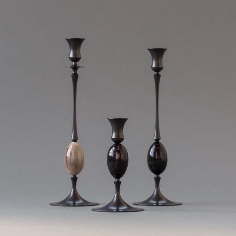 E.R. Butler Oxidized Bronze Candlestick with Ox Horn