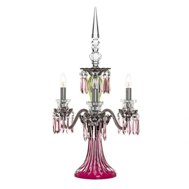 Saint-Louis Crystal Arlequin Three-Light Electric Candelabra Amethyst and Chartreuse Saint-Louis Crystal Arlequin Three-Light Electric Candelabra Amethyst and Chartreuse