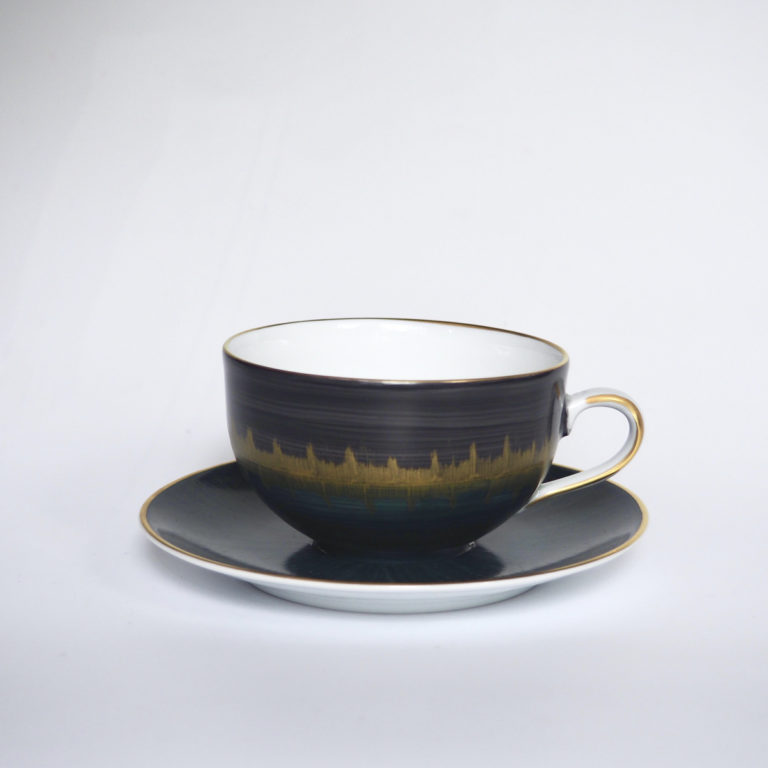 Marie Daage Aloe Teacup and Saucer in Black, Gold and Green