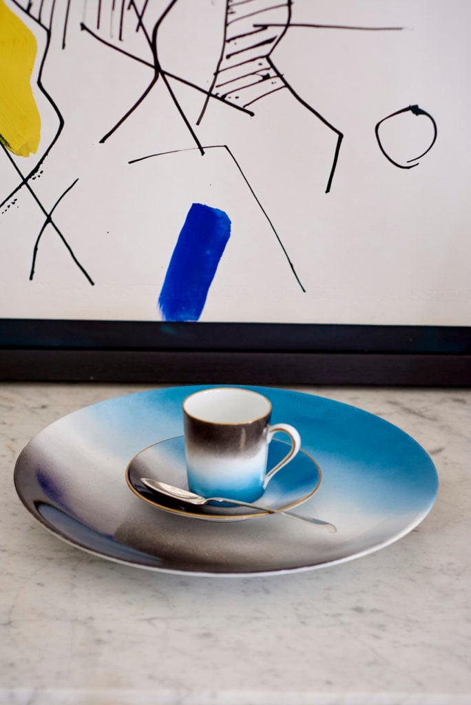 Marie Daage Tie Dye Blue and Black Plate, Espresso Cup and Saucer Marie Daage Tie Dye Blue and Black Plate, Espresso Cup and Saucer