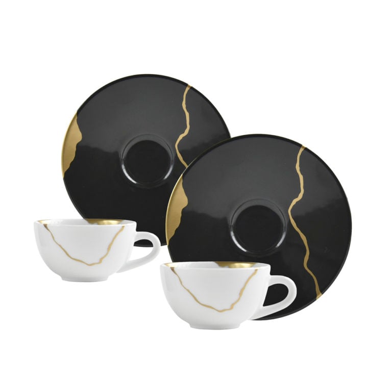 Bernardaud Kintsugi Coal Black Set of 2 Assorted Coffee Cups and Saucers Bernardaud Kintsugi Coal Black Set of 2 Assorted Coffee Cups and Saucers