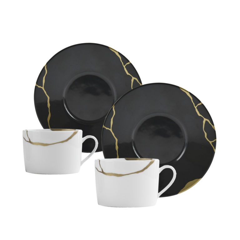 Bernardaud Kintsugi Coal Black Set of 2 Assorted Tea Cups and Saucers Bernardaud Kintsugi Coal Black Set of 2 Assorted Tea Cups and Saucers