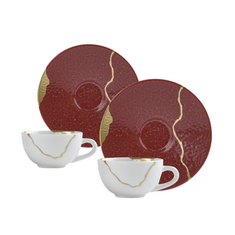 Bernardaud Kintsugi Emperor Red Set of 2 Assorted Coffee Cups and Saucers Bernardaud Kintsugi Emperor Red Set of 2 Assorted Coffee Cups and Saucers