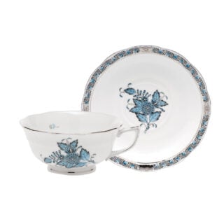 Herend Chinese Bouquet Turquoise Platinum Tea Cup and Saucer