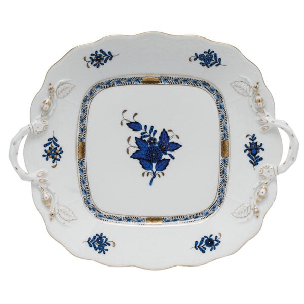 Herend Chinese Bouquet Black Sapphire Square Cake Plate with Handles