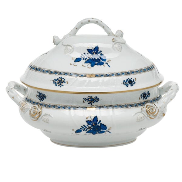 Herend Chinese Bouquet Black Sapphire Tureen with Branch Handles Herend Chinese Bouquet Black Sapphire Tureen with Branch Handles