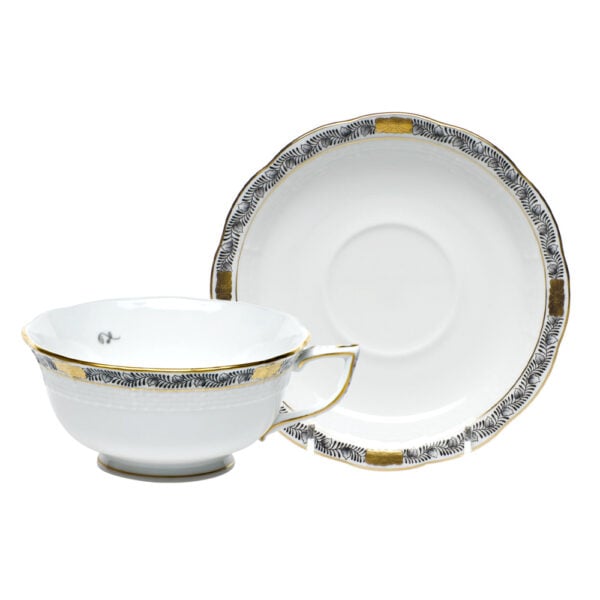 Herend Chinese Bouquet Garland Black Tea Cup and Saucer