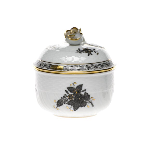 Herend Chinese Bouquet Black Covered Sugar with Rose Herend Chinese Bouquet Black Covered Sugar with Rose