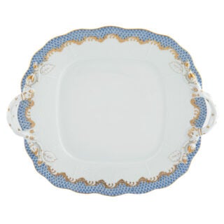 Herend Fish Scale Light Blue Square Cake Plate with Handles