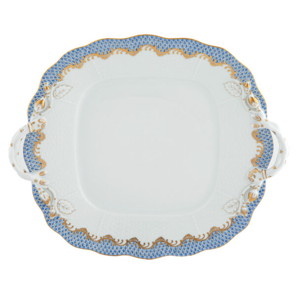 Herend Fish Scale Light Blue Square Cake Plate with Handles Herend Fish Scale Light Blue Square Cake Plate with Handles