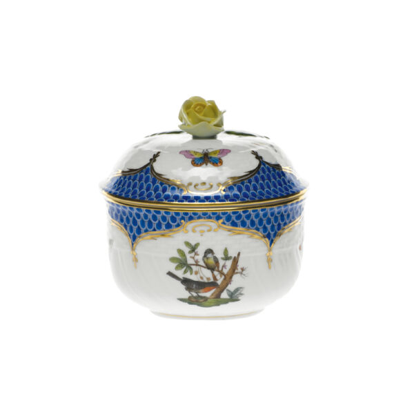 Herend Rothschild Bird Blue Covered Sugar with Rose Herend Rothschild Bird Blue Covered Sugar with Rose