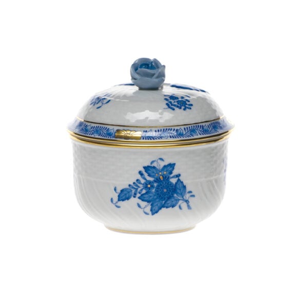 Herend Chinese Bouquet Blue Covered Sugar with Rose