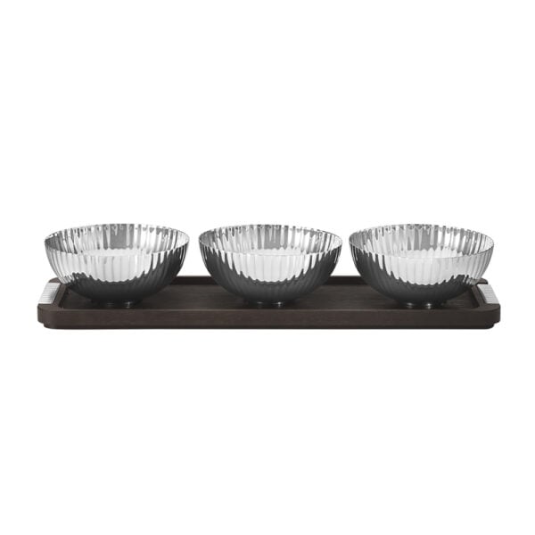 Georg Jensen Bernadotte Triple Bowl Set on Wooden Tray Georg Jensen Bernadotte Triple Bowl Set on Wooden Tray