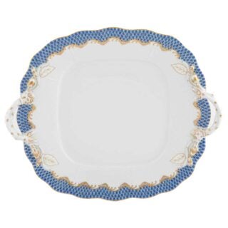 Herend Fish Scale Blue Cake Plate with Handles
