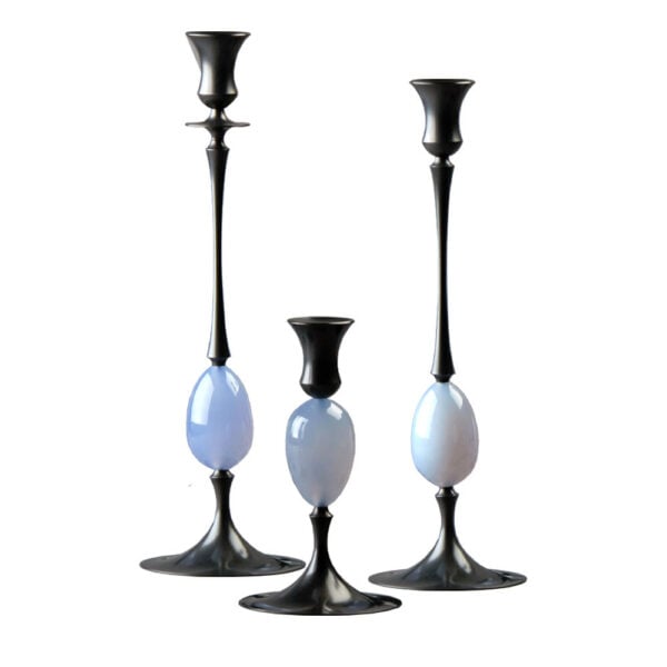 E.R. Butler Biedermeier Candlesticks Oxidized Bronze with Blue Chalcedony Egg