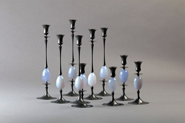 E.R. Butler Biedermeier Candlesticks Oxidized Bronze with Blue Chalcedony Egg