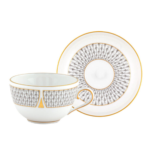 VHNKG-02703-2-00_-VHNKG-02703-1-00_Teacup&Saucer-Art-Deco-Grey-Hered Herend Art Deco Gray Dinnerware | Kneen & Co