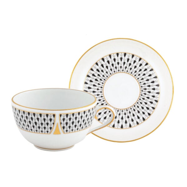 VHNKN-02703-1-00_VHNKN-02703-2-00_TeaCup&Saucer-Art-Deco-Black-Hered Herend Art Deco Black Dinnerware | Kneen & Co