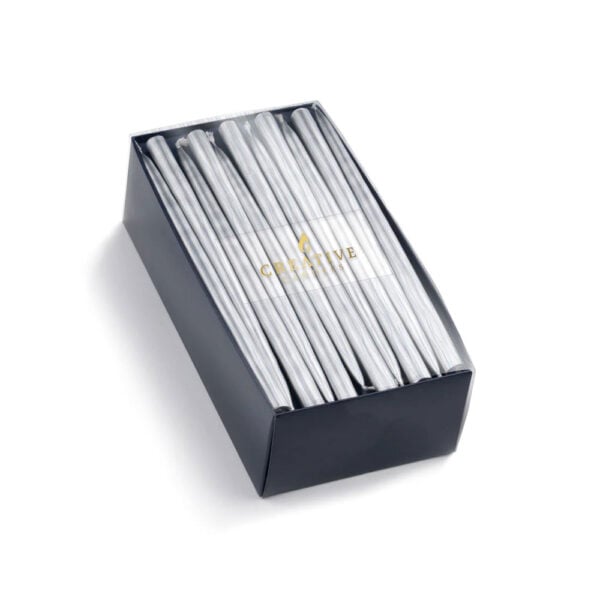Chanukah-Taper-Candles---45-box_Pearl_Saaphire_Metalic Creative Candles Chanukah Taper Candles in Metallic Silver | Kneen & Co