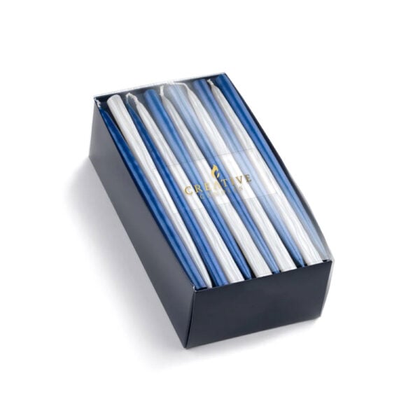 Chanukah-Taper-Candles---45-box_SIlver-Metalic Creative Candles Chanukah Taper Candles in Metallic Pearl / Sapphire | Kneen & Co