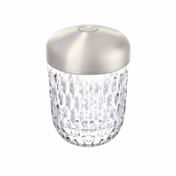 150BF500-Folia-miniPortbleLamp-AnodizedAlum-silvercolor-diving-1200x1200 Saint-Louis Folia Mini Portable Lamp with cut crystal and aluminum top in silver finish.