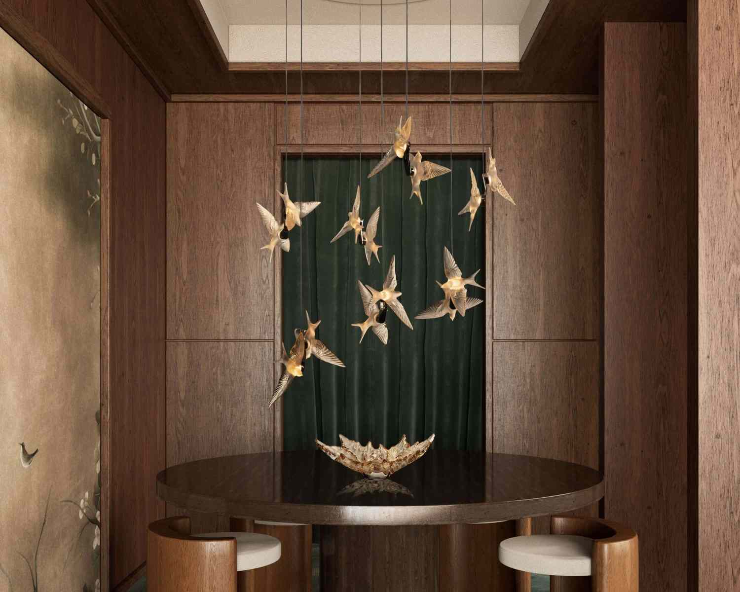 Luxurious dining room featuring the Lalique 2 Swallows Ceiling Lamp Clear Crystal & Gilded Finish in a satin gold finish | Kneen & Co
