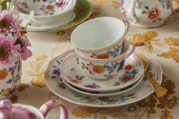 Ginori Granduca Tea Cups and Saucers Mood Image on Tablecloth