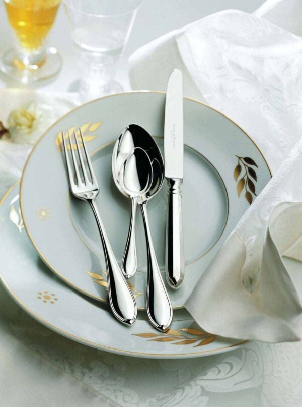 R&B-01-Navette-1200W-100KB Robbe & Berking Navette Silver Flatware Lifestyle Image on Plate.