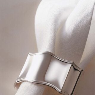 Robbe & Berking Navette Silver Napkin Ring with Napkin, Lifestyle Image.