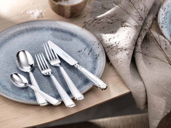 R&B-Silver-Art-Deco-5-piece-place-setting-1200w-100KB Robbe & Berking Silver Flatware lifestyle photo featuring the Art Deco pattern.