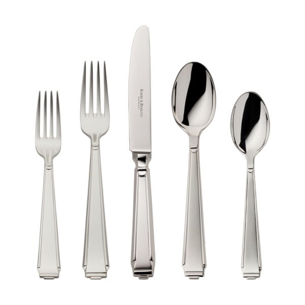 Robbe & Berking Art Deco flatware pattern in silver, featuring the 5 piece place setting.