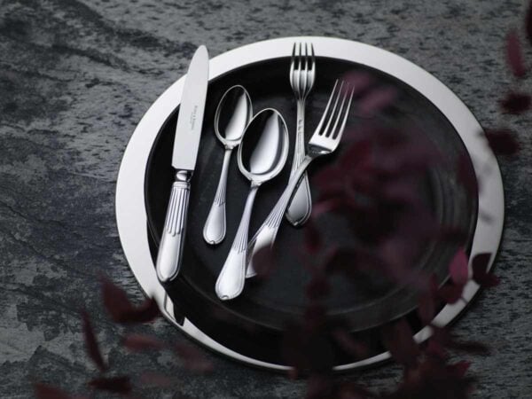 R&B-Silver-Belvedere-5-piece-place-setting-1200w-100KB Robbe & Berking Silver Flatware lifestyle photo featuring the Belvedere pattern.