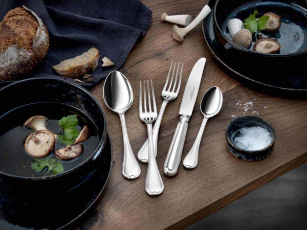 R&B-Silver-Classic-Faden-5-piece-place-setting-1200w-100KB Robbe & Berking Silver Flatware lifestyle photo featuring the Classic Faden pattern.