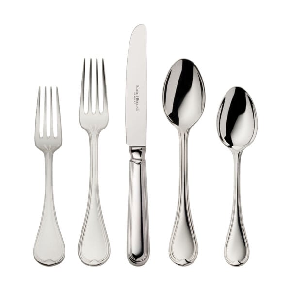 R&B-Silver-ClassicFaden-5pc-ComboSet-1200x1200-100KB Robbe & Berking Classic Faden flatware pattern in silver, featuring the 5 piece place setting.
