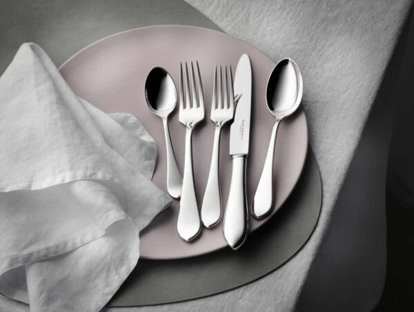 R&B-Silver-Eclipse-5-piece-place-setting-1200w-100KB Robbe & Berking Silver Flatware lifestyle photo featuring the Eclipse pattern.