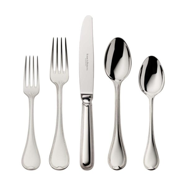 R&B-Silver-FrenchPearl-5pc-ComboSet-1200x1200-100KB Robbe & Berking French Pearl flatware pattern in silver, featuring the 5 piece place setting.