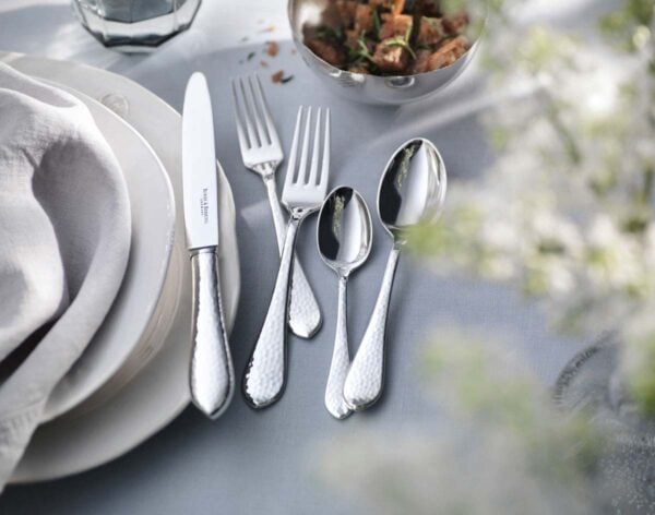 R&B-Silver-Martele-5piece-place-setting-1200w-100KB Robbe & Berking Silver Flatware lifestyle photo featuring the Martele pattern.
