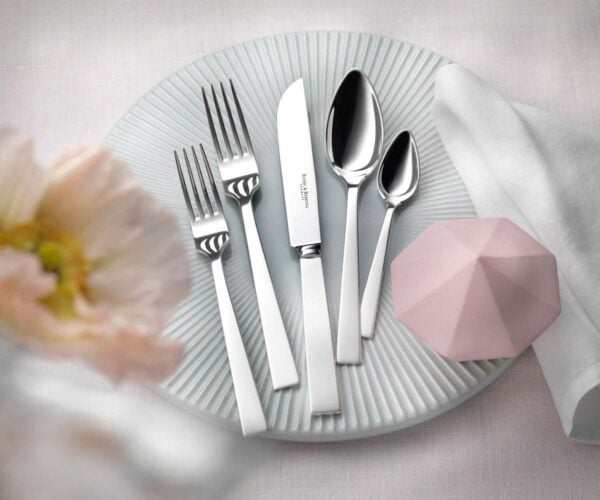 R&B-Silver-Riva-5-piece-place-setting-1200w-100KB Robbe & Berking Silver Flatware lifestyle photo featuring the Riva pattern.