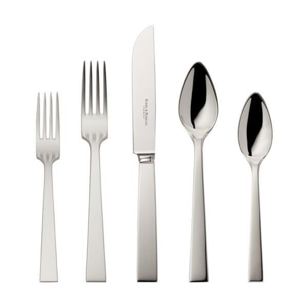 Robbe & Berking Riva flatware pattern in silver, featuring the 5 piece place setting.