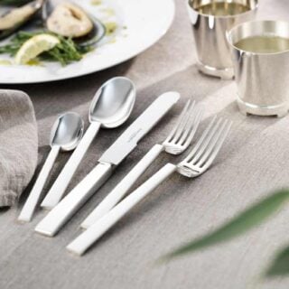 R&B-Silver-Sphinx-5piece-place-setting-1200w-100KB Robbe & Berking Silver Flatware lifestyle photo featuring the Sphinx pattern.