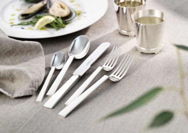 R&B-Silver-Sphinx-5piece-place-setting-1200w-100KB Robbe & Berking Silver Flatware lifestyle photo featuring the Sphinx pattern.