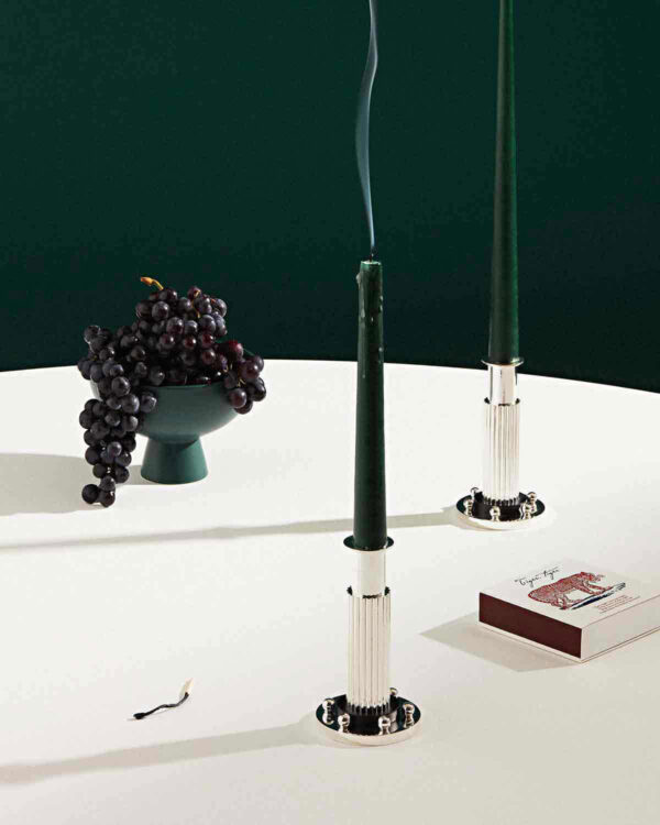 PUIFORCAT-MOOD-Collection-Etchéa-2-1200w-100KB Puiforcat Etchea Candlestick Lifestyle Photo on Table with Green Candles