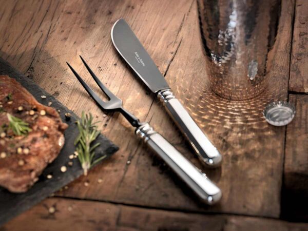Robbe & Berking Alt-Spaten Silver Frozen Carving Set including Carving Fork with Frozen Black Tines and Frozen Black Steak Knife.