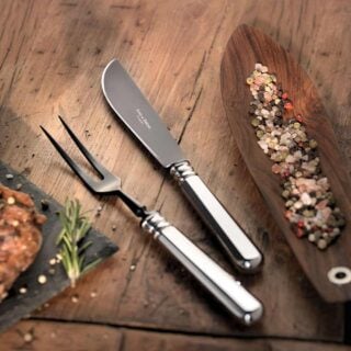 Robbe & Berking Alt-Spaten Silver Frozen Carving Set including Carviing Fork with Frozen Black Tines and Frozen Black Steak Knife.